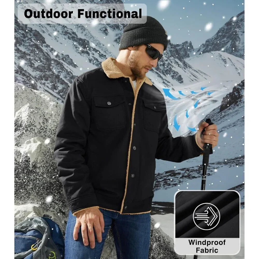 Men's Black Winter Thick Thermal Cotton Warm Fleece Lined Coat Cargo Jackets